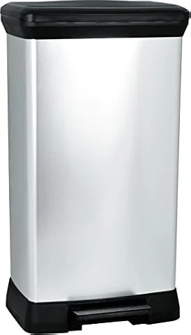 CURVER Decobin - Poubelle rectangulaire à pédale, 50L - Fermeture Douce - Aspect Métal - Pour Cuisine, Bureau, Salle de Bain - 39 x 29 x 72 cm - Gris - Recyclé, Packaging renforcé
