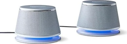 Amazon Basics Haut-parleurs stéréo 2.0 pour PC ou ordinateur portable, entrée auxiliaire 3,5 mm, alimentation USB, 1 paire, Argenté