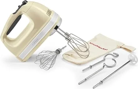 KitchenAid Batteur à Main 9 Vitesses, Moteur CC 85W Silencieux avec Démarrage Doux, 6 Accessoires – Fouets, Crochets & Tige, Cordon Pivotant, Sac de Rangement, Crème Amande