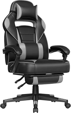 SONGMICS Fauteuil de Bureau, Chaise Gaming, RÉglable, Repose-pieds TÉlescopique, MÉcanisme À Bascule, Appui-tÊte, Support Lombaire, Charge 150 kg, Noir d'Encre et Gris Tourterelle OBG073B03