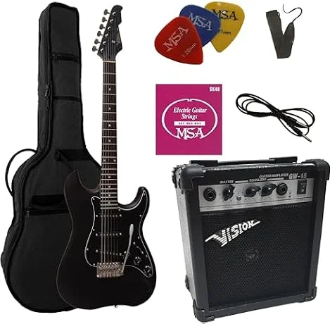 4/4 guitare electrique noir mat, Ensemble avec amplificateur 20 watts, sac, cordes, plectre