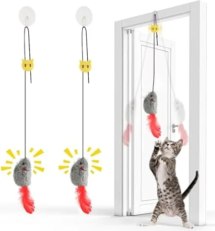 FYNIGO 2Pcs Jouet Chat Interactif Souris Suspendue avec Queue à Plumes - Souris Suspendue avec Bruit et Corde Élastique - sans Piles, Idéal pour Jeu Autonome