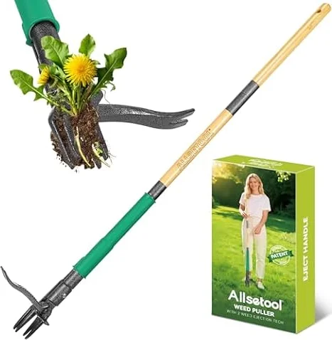 Allsetool Désherbeur Manuel avec 2 Éjecteurs de Mauvaises Herbes, 1.1m Arrache Pissenlit, Manche en Bambou Véritable, 4 Griffes en Métal et Pédale, Outillage de Désherbage pour Le Jardin