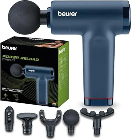 Beurer PowerReload Pistolet de massage, massage des points de déclenchement pour régénération, appareil de massage musculaire puissant avec 5 embouts, 5 niveaux d’intensité, extrêmement silencieux