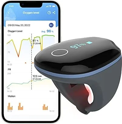 Oxymètre de Pouls pour Enregistrement Nuit, Saturometre Oxymetre Professionnel avec Bluetooth, O2 Ring Oxymetre de Doigt Suivi SPO2 et Fréquence Cardiaque，Rechargeable
