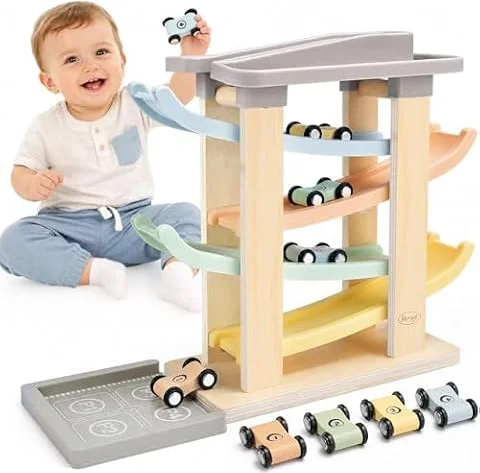 Joyreal Jeux Bebe 1 an - Rampe Voiture en Bois, Jouet Montessori avec 4 Mini Voiture Enfant et Un Garage Bois Jouet Cadeau Garcon Fille Enfant