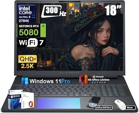 Alienware Intel Ultra 9 275HX 18 Area-51 Ordinateur portable de jeu 24 cœurs jusqu'à 5,4 GHz, RTX 5080 GDDR7, 18" 2,5K QHD+ 300 Hz, avec lecteur DVD, Win 11 Pro, 64 Go DDR5, SSD 8 To