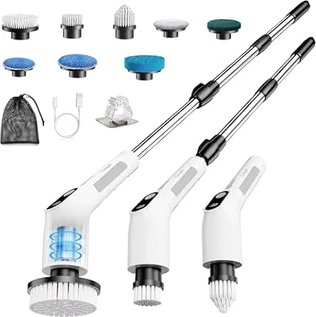 Brosse Rotative Nettoyage Electrique avec 8 Têtes Interchangeables, Rechargeable Brosse Nettoyage Salle de Bain, 2 Vitesses réglables,pour Salle de Bain, Cuisine, Carrelage et Sol