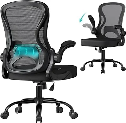 SONGMICS Chaise de Bureau Ergonomique Pivotante, en Maille, Fauteuil de Bureau, Soutien Lombaire, Fonction Basculante, Accoudoirs Rabattables, pour Chambre, Noir d'encre OBN042BH02