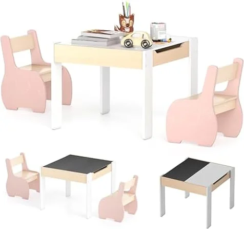 COSTWAY 4 en 1 Table Enfants avec 2 Chaises en Forme d'Eléphant (Rose)