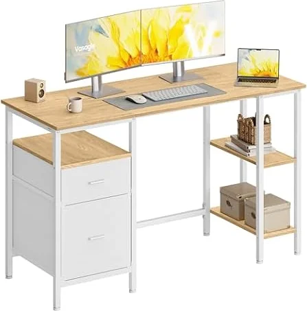 VASAGLE Bureau d’Ordinateur, 3 Étagères, 2 Tiroirs, 127 x 50 x 76 cm