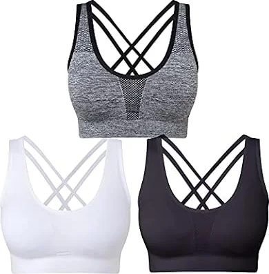 SEGRILA Lot de 3 Soutiens-Gorge de Sport pour Femme - Dos croisé - Soutien Moyen - Coussinets Amovibles, Noir/Blanc/Gris., Taille M