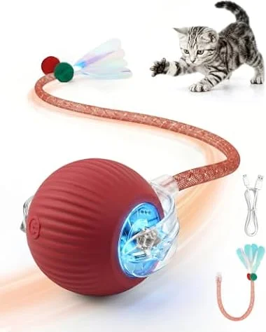 RZPTL Jouet Balle Interactifs pour Chats, Rouge Balle Électrique avec Queue