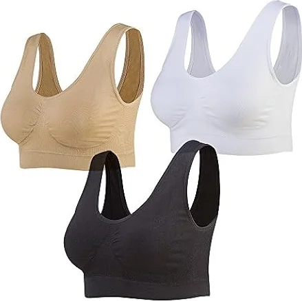 Lemef Soutiens-Gorge de sans Couture Sport Yoga sans Armature avec Coussinets Amovibles pour Femmes, Blanc & Noir & Beige, XXL