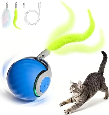 Jouet Balle Interactifs pour Chats, électrique Rechargeable Chat Intérieur avec Queue Duveteuse, Speedy Tail 2.0 Chat Ballon Roulante Automatique pour Chats Balle d'enrichissement -Bleu