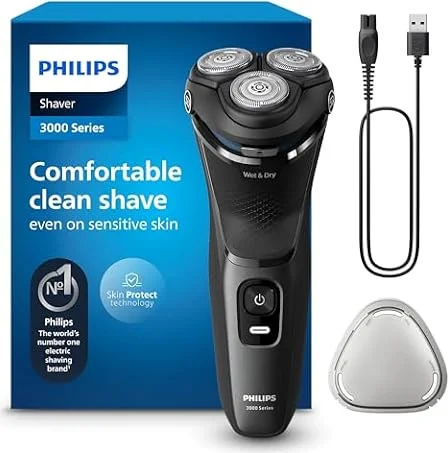 Philips Electric Shaver Series 3000 - Rasoir électrique Wet & Dry pour hommes avec technologie SkinProtect, couleur Lune foncée, tondeuse à barbe rétractable, Rasoir sans fil (modèle S3145/00)