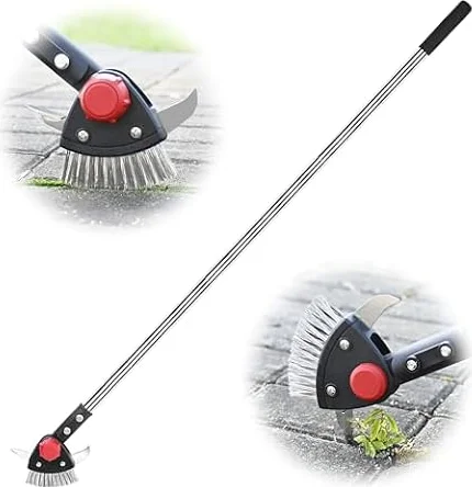 BARAYSTUS Désherbeur de fissures réglable 3 en 1 avec long manche, comprend une brosse à mousse et 2 grattoirs en acier inoxydable pour enlever les mauvaises herbes et la mousse des joints de panneaux