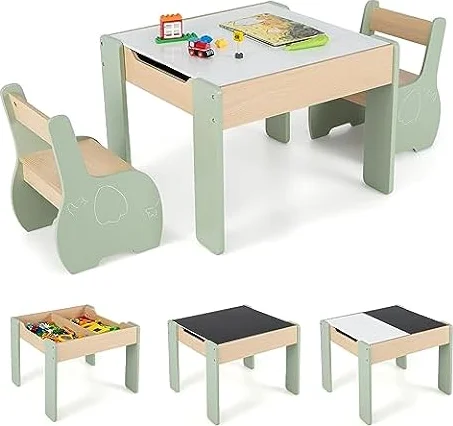 COSTWAY 4 en 1 Table Enfants avec 2 Chaises en Forme d'Eléphant (Vert)