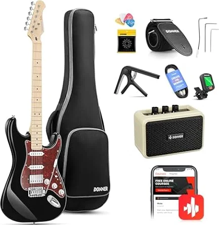 Donner Guitare Electrique, Pack Guitare Electrique Adulte HSS Pickup Coil Split, Guitare Taille Réelle avec Ampli, Housse, Accessoires, DST-152B Noir