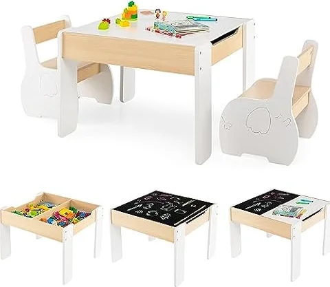 COSTWAY 4 en 1 Table Enfants avec 2 Chaises en Forme d'Eléphant(Blanc)