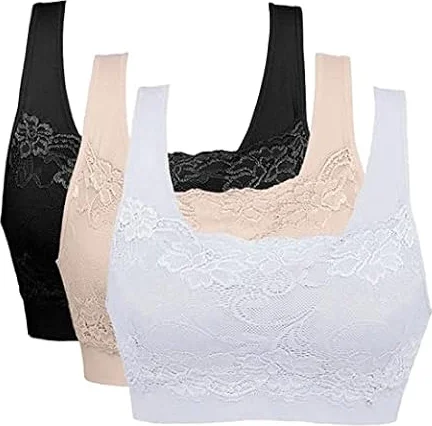 Litthing Lot de 3 Brassières Soutien-Gorge sans Armature Dentelle Sexy Respirant Confortable pour l'Entraînement Physique Yoga pour Femme (Noir/Blanc/Chair - XL)