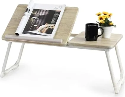 Meuble Cosy Table de lit Tablette pour Prdinateur Portable Plateau Réglable Petit Bureau Nomade Support PC, Chêne + Blanc, 65x30x27.5cm