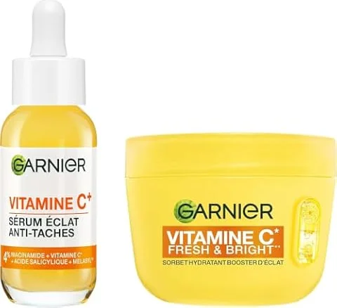 GARNIER - SkinActive Vitamine C - Crème Sorbet Hydratante Fresh & Bright (85 ml) + Sérum Jour Vitamine C (30 ml) - Réduit Les Taches Brunes, Unifie & Boost l’Éclat du Teint - Tous Types de Peaux
