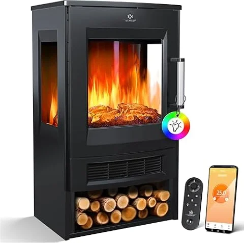 KESSER® Cheminée électrique avec Chauffage, fenêtre panoramique, Ventilateur Chauffant, Effet de Flamme LED avec 9 Modes de Couleur, télécommande, Application WiFi, 900/1800 W, (Noir)