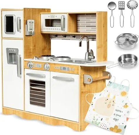 Mamabrum Cuisine Enfant en Bois Grande Taille avec Éclairage LED, Frigo, Four, Micro-Ondes, Tablette, Ustensiles et Tableau Noir - Jouet Éducatif Compatible avec Enfants 3 Ans et Plus