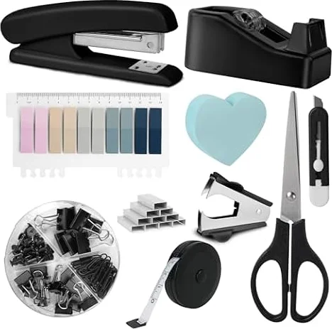 OFFCUP Ensemble de Fournitures de Bureau, Kit d'accessoires de Bureau, Distributeur de Ruban Adhésif, Dissolvant d'agrafes, Agrafeuse avec Agrafes, Ciseaux, Notes Autocollantes pour Maison L'éCole