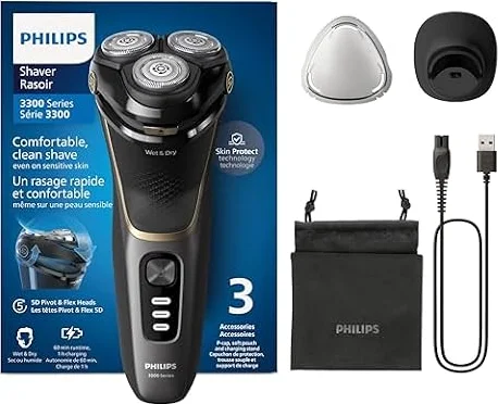 Philips Electric Shaver Series 3000 - Rasoir électrique Wet & Dry pour hommes avec technologie SkinProtect, Tondeuse rétractable, Socle de recharge, Housse de voyage, Noir, modèle S3342/13