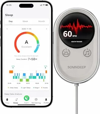 SOMNDEEP Suivi du sommeil intelligent non portable, suivi de la fréquence cardiaque et du rythme respiratoire, moniteur de qualité du sommeil radar sans contact, rapport quotidien et suggestion