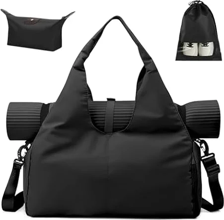 Aucuu Sac de Fitness Sport et Yoga avec Compartiment Chaussures et Poche Humide, Grand Tapis pour Pilates, Hommes et Femmes (Noir)