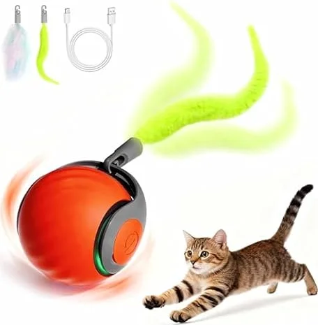 Speedy Tail – Jouet interactif intelligent pour chat d'intérieur avec queue de plume, balle mobile rechargeable à 2 vitesses pour chats d'intérieur ennuyés, jouet à bille roulante activée par le