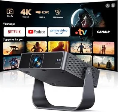 Mini Vidéoprojecteur 4K【Apps Officielles/Live TV/Rotation 330°】 Auto Focus/Keystone Projecteur Vidéo Portable 4K Courte Focale, HDR10, Mini Rétroprojecteur 1080P WiFi6 Bluetooth Home Cinéma/Extérieur