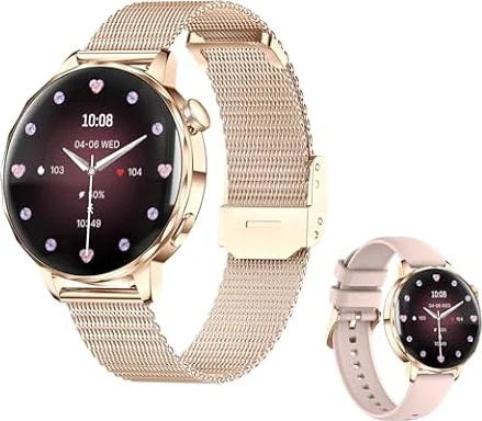 LONGLU Montre Intelligente pour Femmes – Écran 1,27", Fréquence Cardiaque/SpO2/Tension Artérielle/Sommeil, Suivi du Cycle, Traqueur Fitness IP68 pour iOS Android (Or Rose, X)
