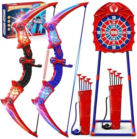 Kidluna Lot de 2 ArcFlèche avec LED Rouge Bleu, Cible Araignée sur Pied & Carquois Araignée Jouet Cadeau Garçon 3 4 5 6 7 8 9 10 11 12 Ans, Jouet Jeux Cadeau Enfant 3-12 Ans Garçon Fille