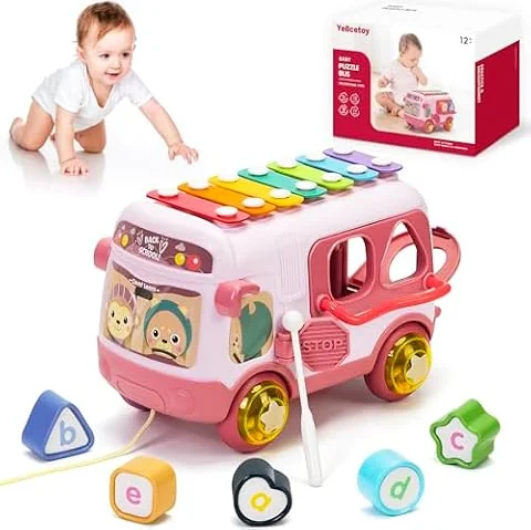 Jouet Cadeau Fille 1 an, Bus Musicaux Sensoriel avec Xylophone Rose