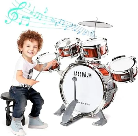 Kit de Batterie pour Enfants, Instrument Jazz Set 5 Tambours avec Tabouret