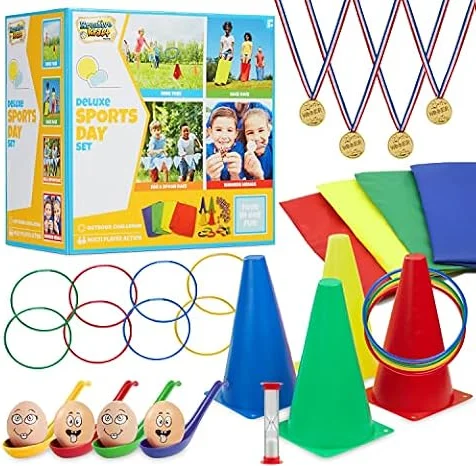 KreativeKraft Jeux d'Extérieur Enfant Adulte et Famille Kit Sport Course aux Oeufs et Cuillère Enfant Jeu des Anneaux Sacs de Courses (Le Kit Ultime pour Une Journée Sportive)