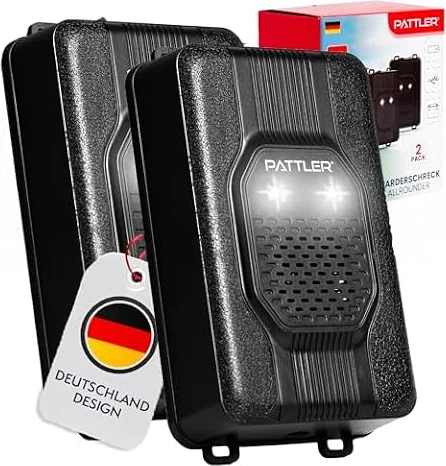 PATTLER® Anti Rongeur avec lumière | Repulsif Ultrason Anti Loir et Anti Martre | Anti Martre Voiture avec Alimentation par Batterie de Voiture 12V, Piles AA ou USB | Anti Rongeur Voiture | 2 Unité
