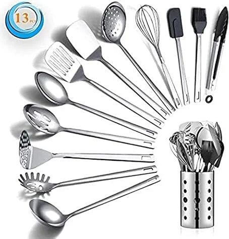 Berglander Ensemble d'ustensiles de cuisine en acier inoxydable 13 pièces avec porte-ustensiles antiadhésif et résistant à la chaleur, lavable au lave-vaisselle, facile à nettoyer (13 paquets)