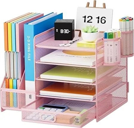 Marbrasse Organisateur de Bureau avec Porte-Documents,5-Niveaux Porte-Lettres Rangement Maille,pour Fournitures de Bureau Domicile(Rose avec Tiroir Porte-Stylos)