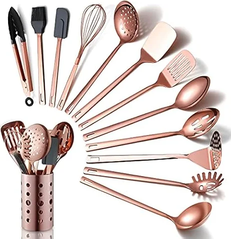 Ensemble D'ustensiles de Cuisine en Cuivre et Acier Inoxydable de 13 Pièces Avec Placage En or Rose en Titane, Ensemble D'outils de Cuisine Avec Porte-Ustensiles