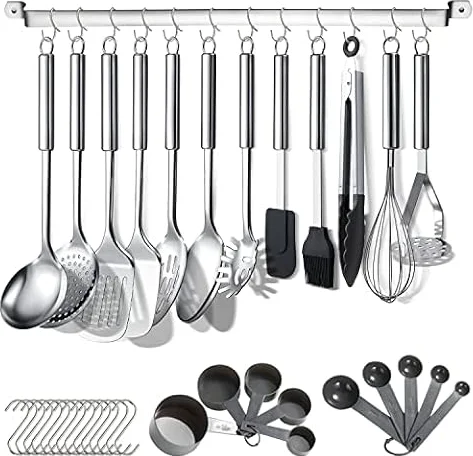 Berglander Ensemble d'ustensiles de cuisine 38 pièces de cuisine en acier inoxydable, ustensiles de cuisine avec support pour ustensiles et crochets pour accrocher au lave-vaisselle