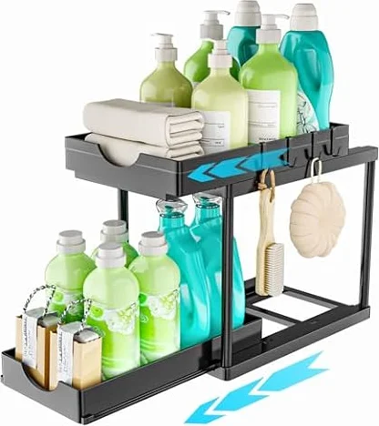 ARSTPEOE Rangement Sous Évier - 2 niveaux organisateur sous evier cuisine, Tiroir Coulissant, Rangement Et Organisation De Cuisine, Noir, 1 Paquet