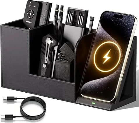 GORESE Organisateur de Bureau,Rangement Bureau avec Chargeur Sans Fil Rapide en Cuir Pot a Crayon Fourniture Bureau Pot Stylo Station de Charge 15w pour iphone 17 16 15 Pro Max Samsung Galaxy S23/S22