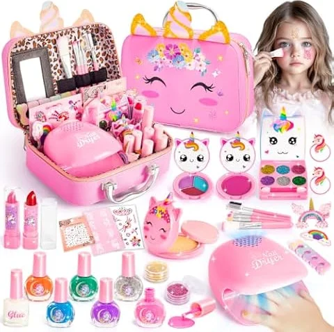 Maquillage Enfant Fille, Malette Maquillage Enfant Lavables pour Filles avec Vernis à Ongles, Rouge à Lèvres Salon de manicure Les Cadeaux d'anniversaire de Noël Jouet pour Filles 3 4 5 6 7 8 9 10 ans