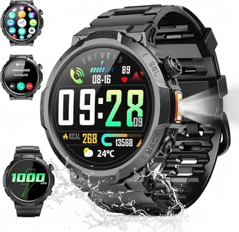 Montre Connectée Homme 1000mAh, Militaire Smartwatch avec LED Lampe, Noir