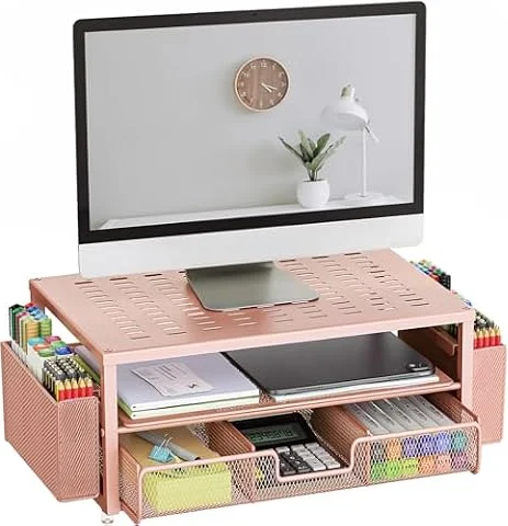gianotter Support d'écran d'ordinateur de bureau avec tiroir et 2 porte-stylos, organisateur de bureau pour femme, essentiels de bureau à domicile (or rose)